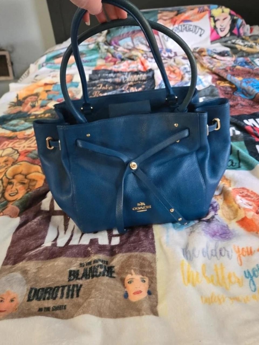 Coach Deep Blue Pebbled Leather Drawstring Satchel